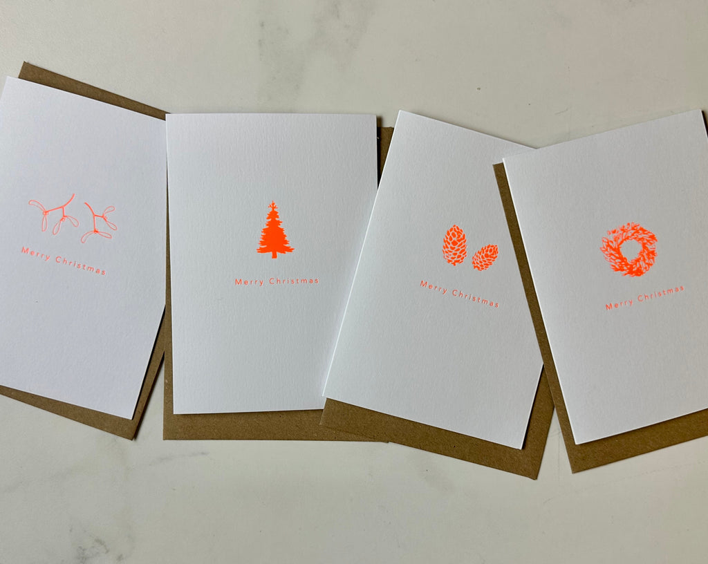 HANDPRINTED ORANGE FOIL CHRISTMAS CARDS