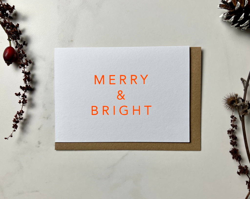 HANDPRINTED MERRY AND BRIGHT CARD