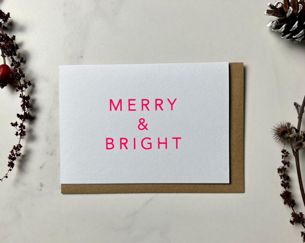 HANDPRINTED MERRY AND BRIGHT PINK CARD